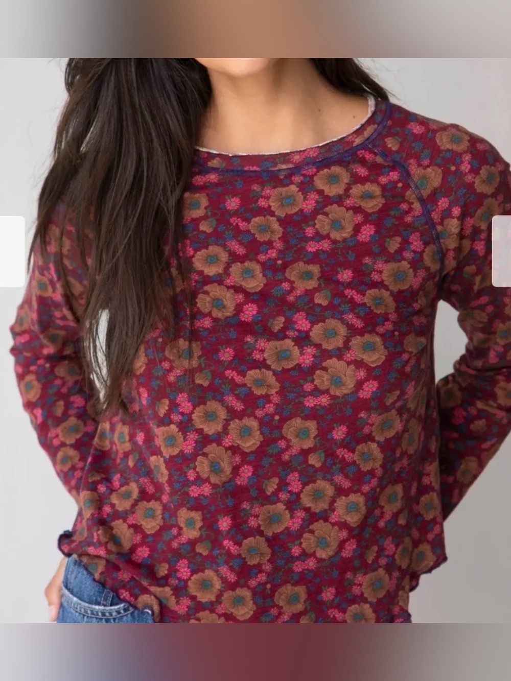 LILY COTTON LONG SLEEVE TEE - CRANBERRY BROWN FLORAL - M